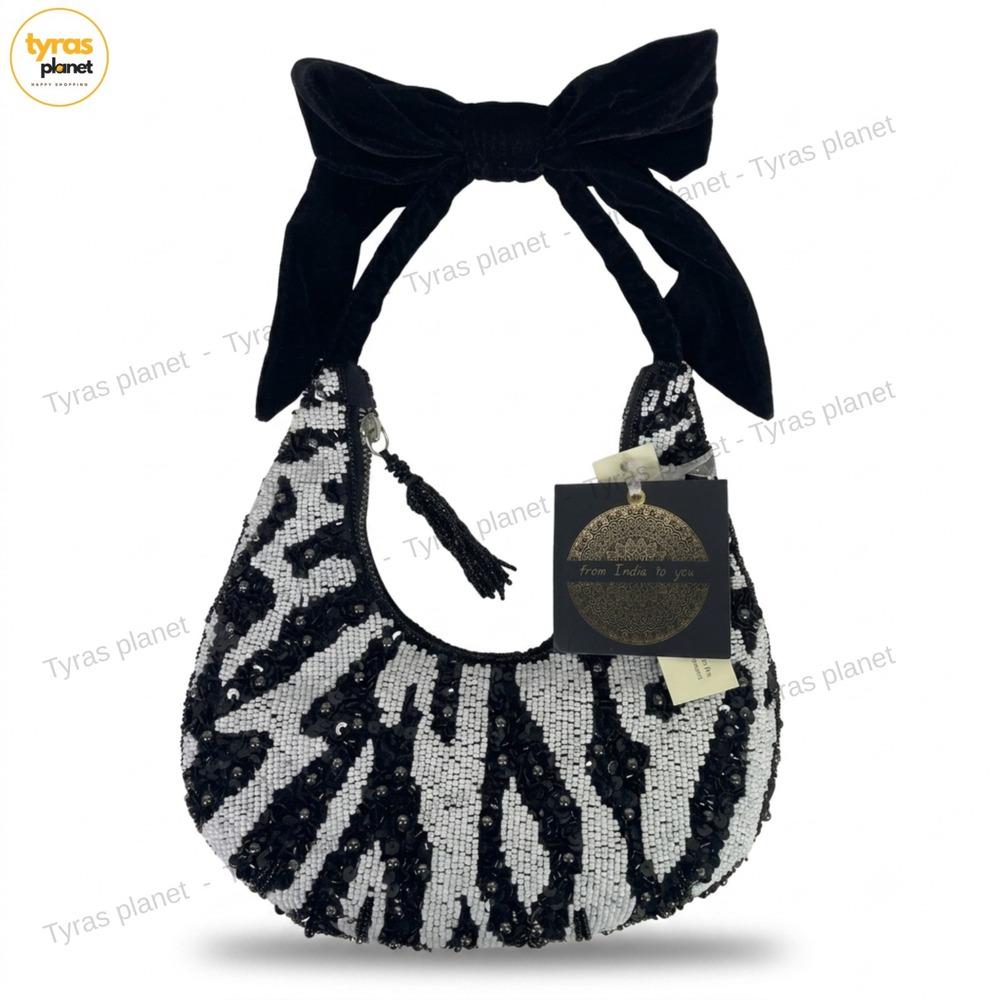 Black And White Zebra Stripe Beaded Hand Bag With Bow NWT From India To You